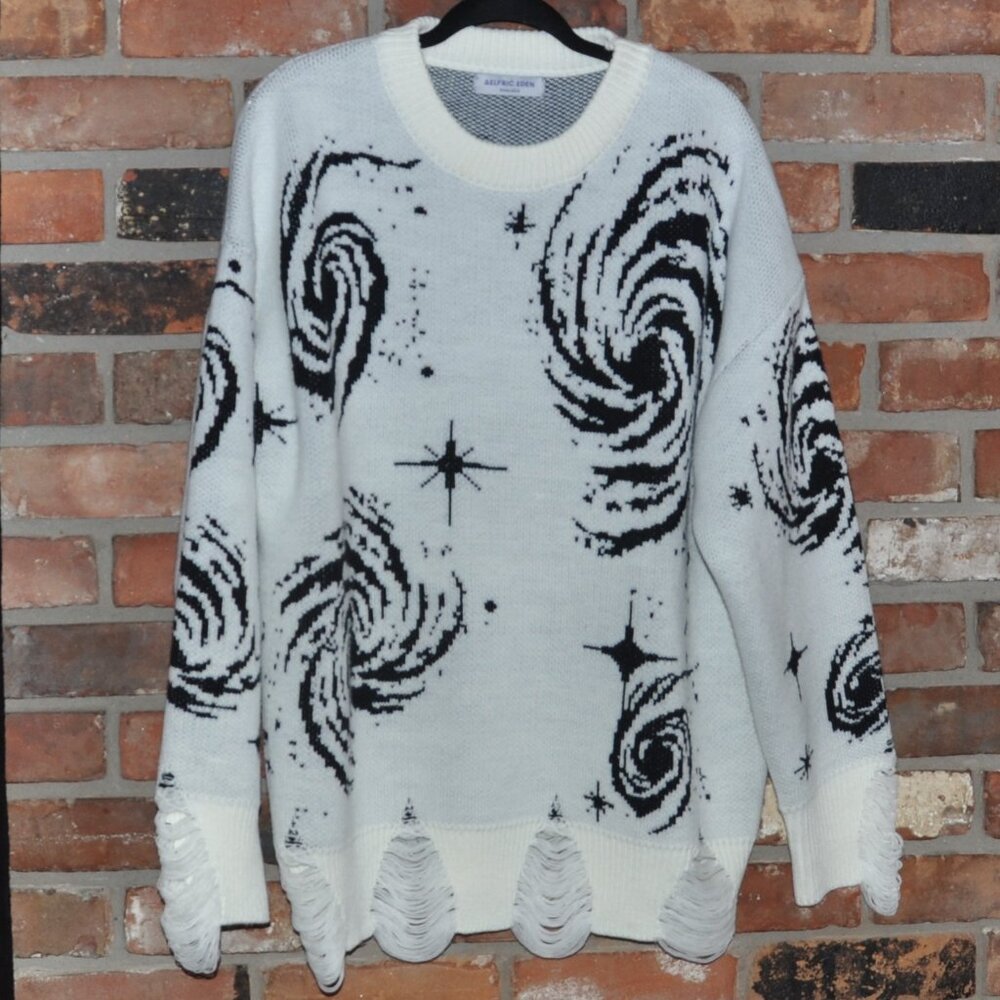 Aelfric Eden Starry Night Jacquard Knit Sweater White Black Distressed Unisex XL